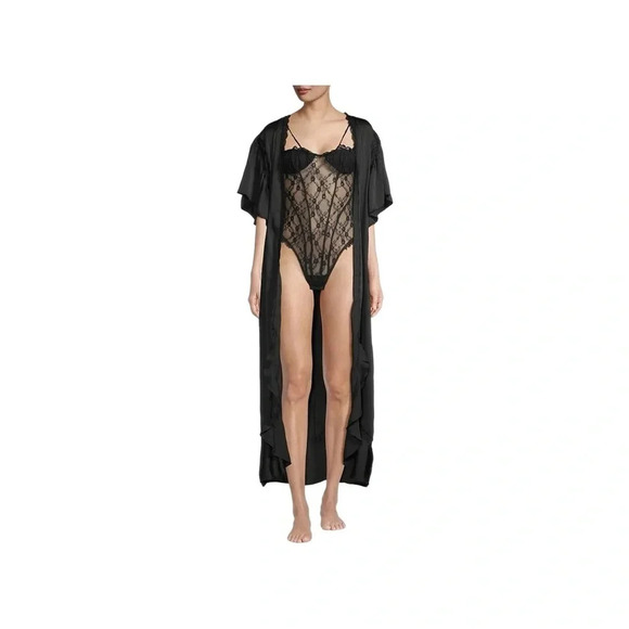 Free People Moonbeams  Lace Trim Satin Robe | Black | Size Small | NWT - Picture 2 of 13